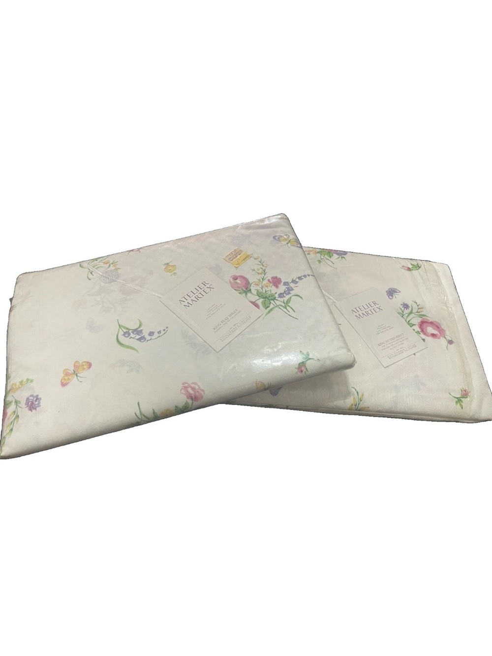 Vintage Atelier Martex King Sheet Set Floral Butterfly Percale Flat Fitted NOS